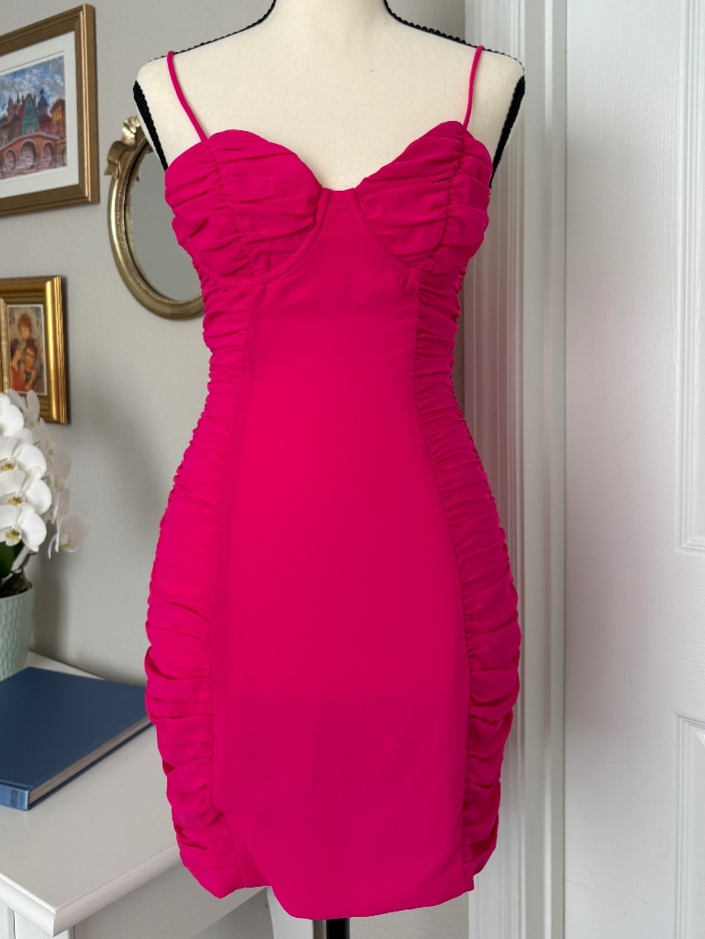 RUNAWAY THE LABEL Women's Ruched Hot Pink Mini Dress Size XS Bodycon Summer